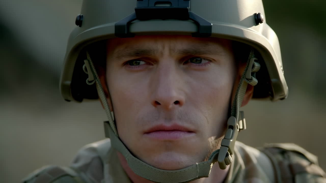 A close-up portrait of a serious soldier in military uniform and helmet