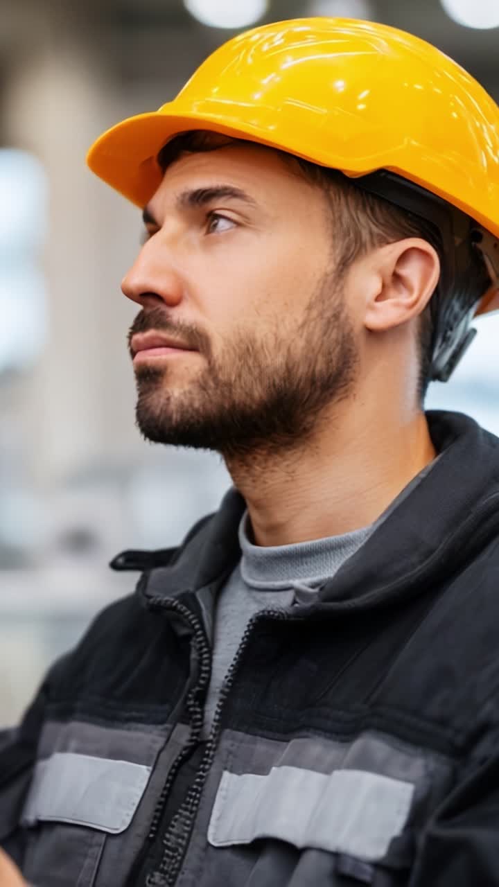 Un operaio specializzato indossa indumenti protettivi e un cappello giallo brillante, riflettendo sulle procedure di sicurezza e sulle responsabilità lavorative in un contesto industriale