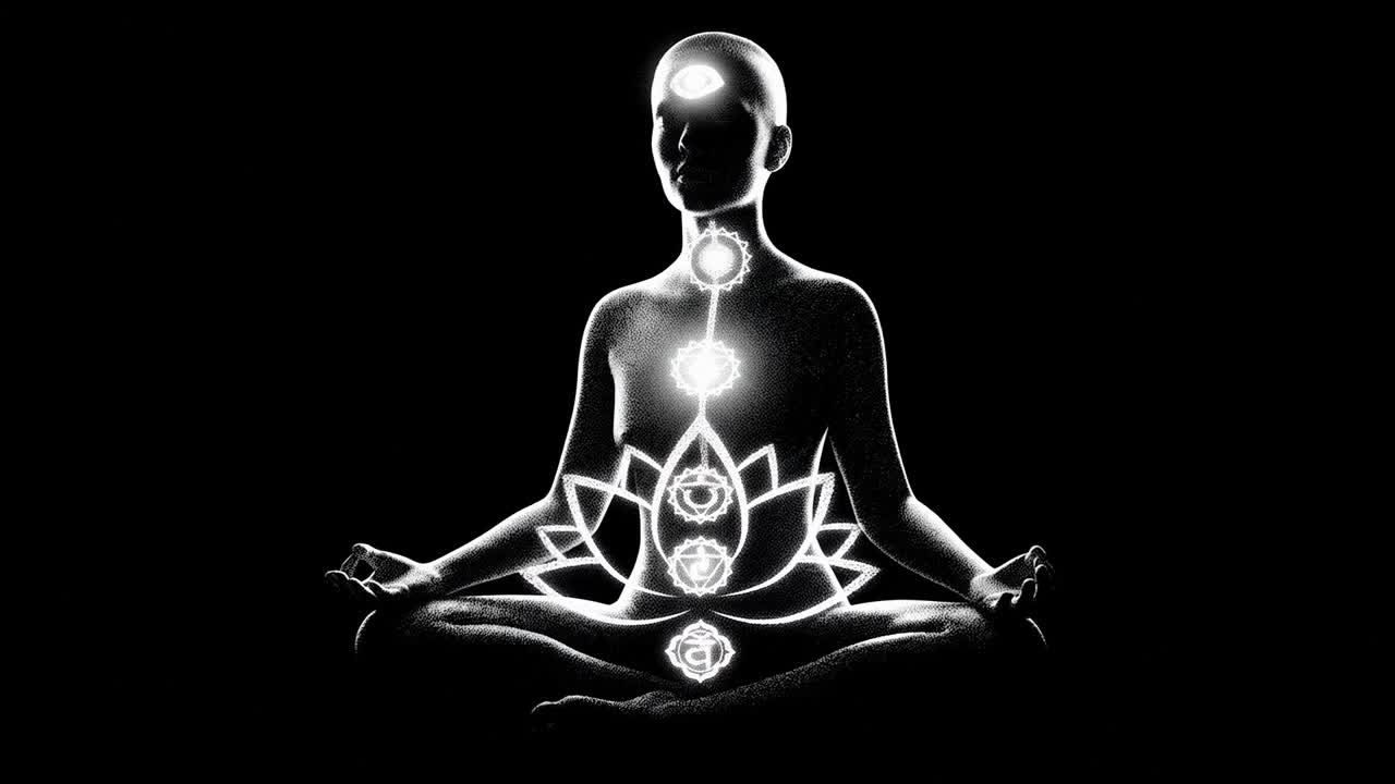 Persona che medita con chakra luminosi e il terzo occhio
