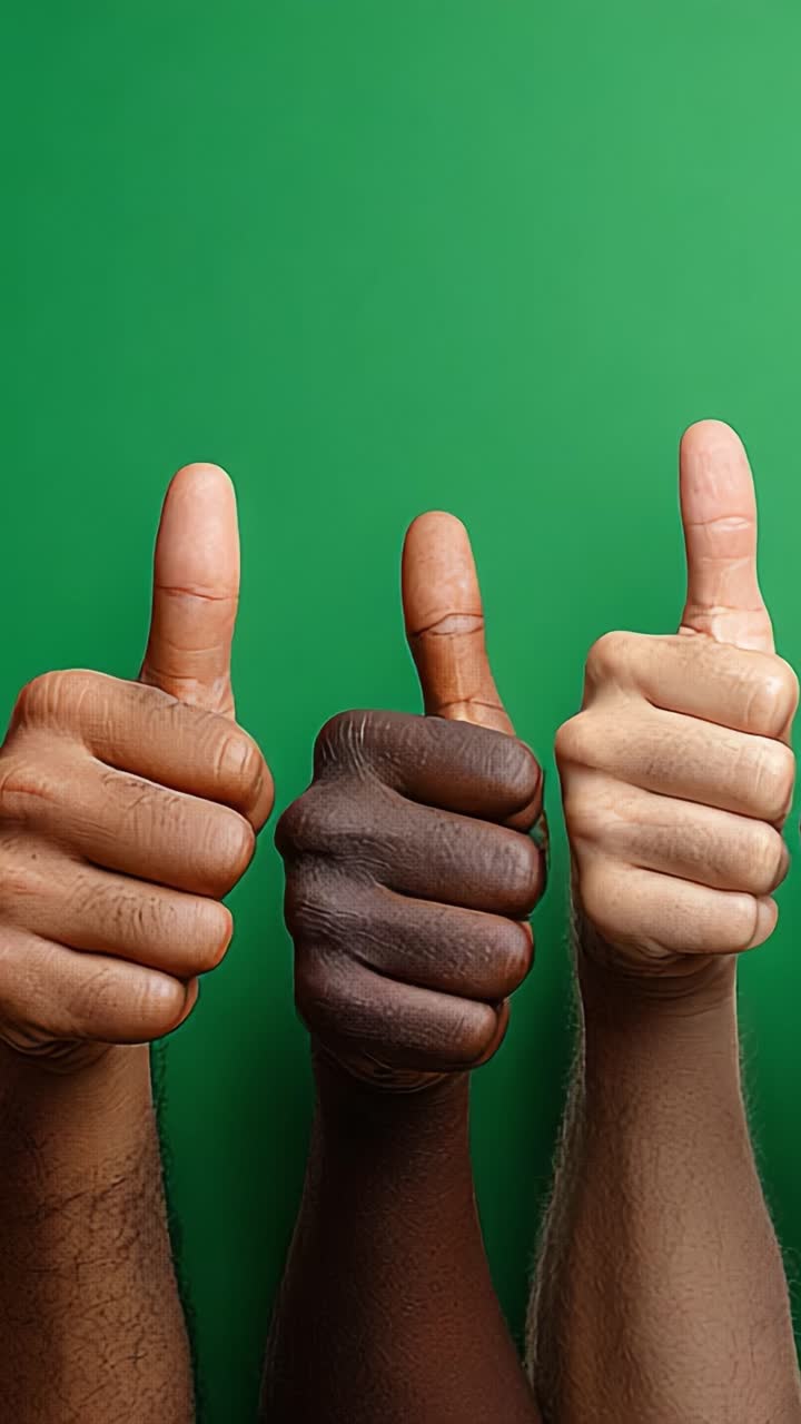 Celebrazione di unità e positività: una rappresentazione di pollici in su in diverse tonalità della pelle su uno sfondo verde vivace