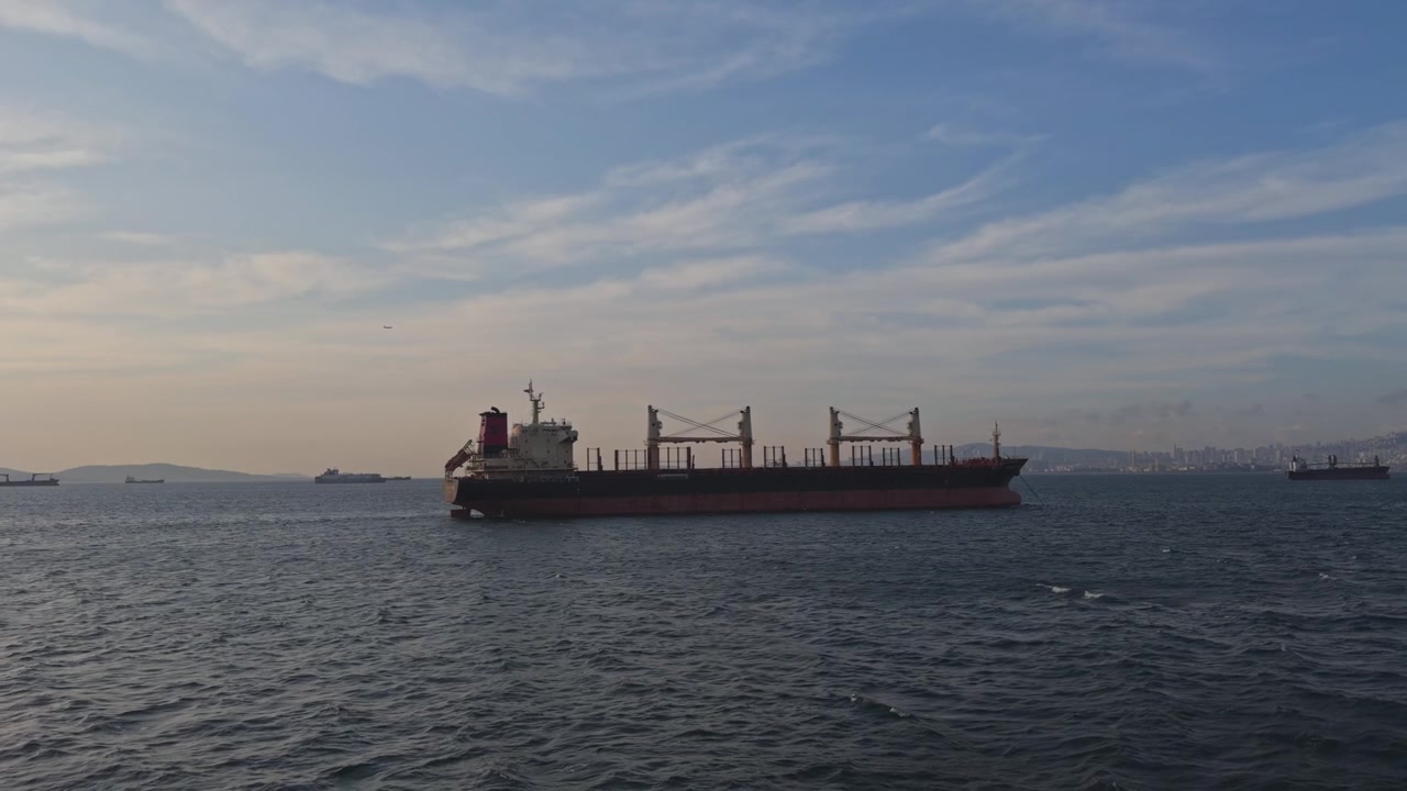 Perfil lateral de un gran buque de carga a granel cruzando aguas abiertas y brumosas bajo la suave luz del día, escena de transporte marítimo comercial y comercio marítimo, costa de Turquía