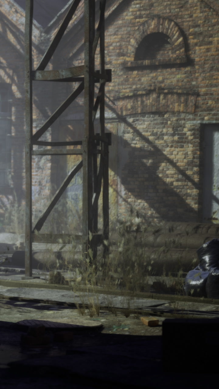 Mysterious shadows dance on weathered bricks at an abandoned factory