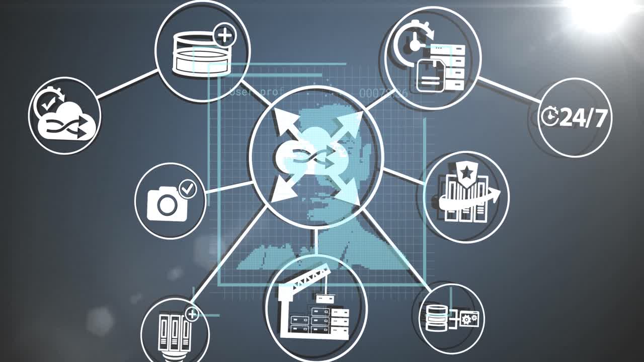 animación de la red de conexiones con iconos sobre el procesamiento de datos en fondo gris