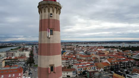 toma aérea del faro de praia da barra con vistas al pueblo