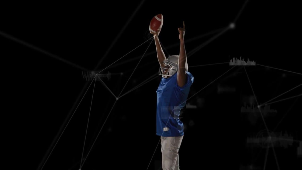 American Football Player Celebrating Victory with Digital Data Overlay