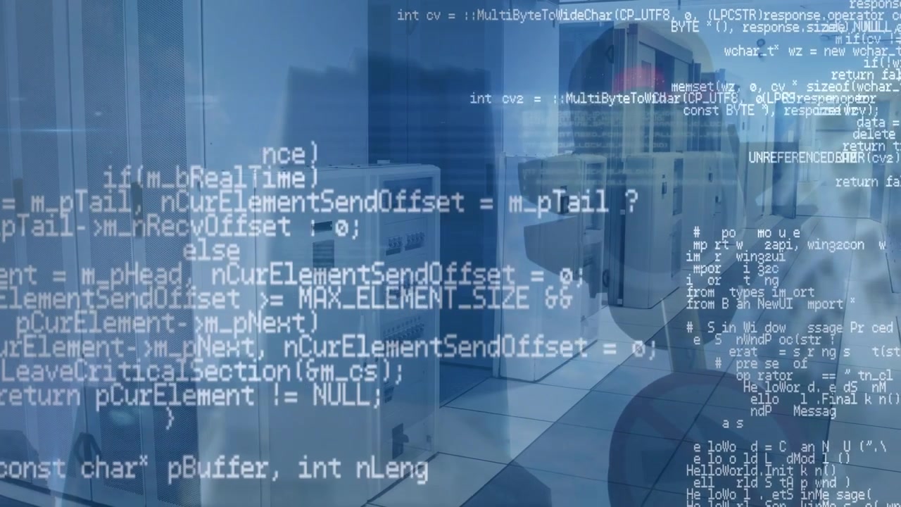 Animation of data processing against empty computer server room