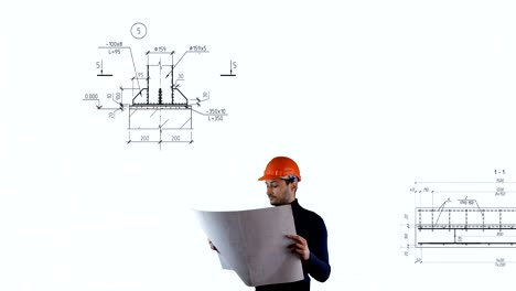 loop background engineer in construction helmet in background of schemes drawings and blueprints architectural and construction schemes