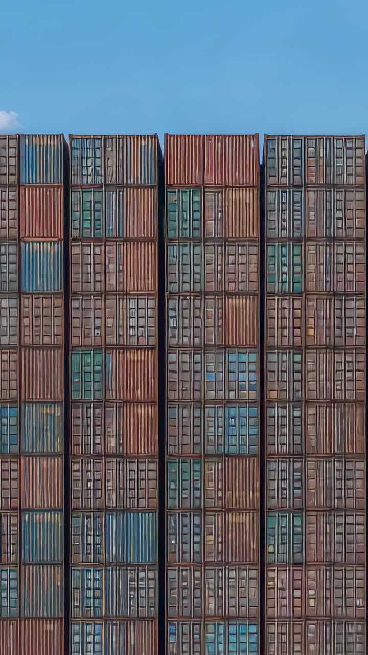 Video verticale: inclinazione della camera che rivela container intermodali impilati in un deposito, ricentratura della vista