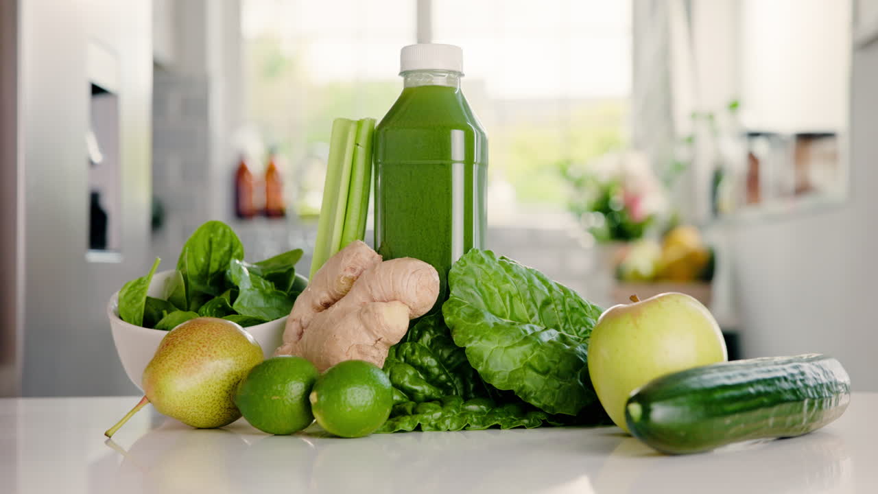 Bottiglia di succo verde fresco e ingredienti sani sul bancone della cucina