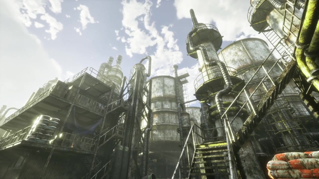 Service corridors with ladders and platforms in sunlit environment