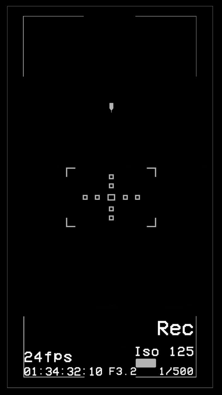 Vertical 9:16 professional digital camera viewfinder screen with detailed settings like fps, iso, shutter speed, and focus points. For filmmaking or tech concepts