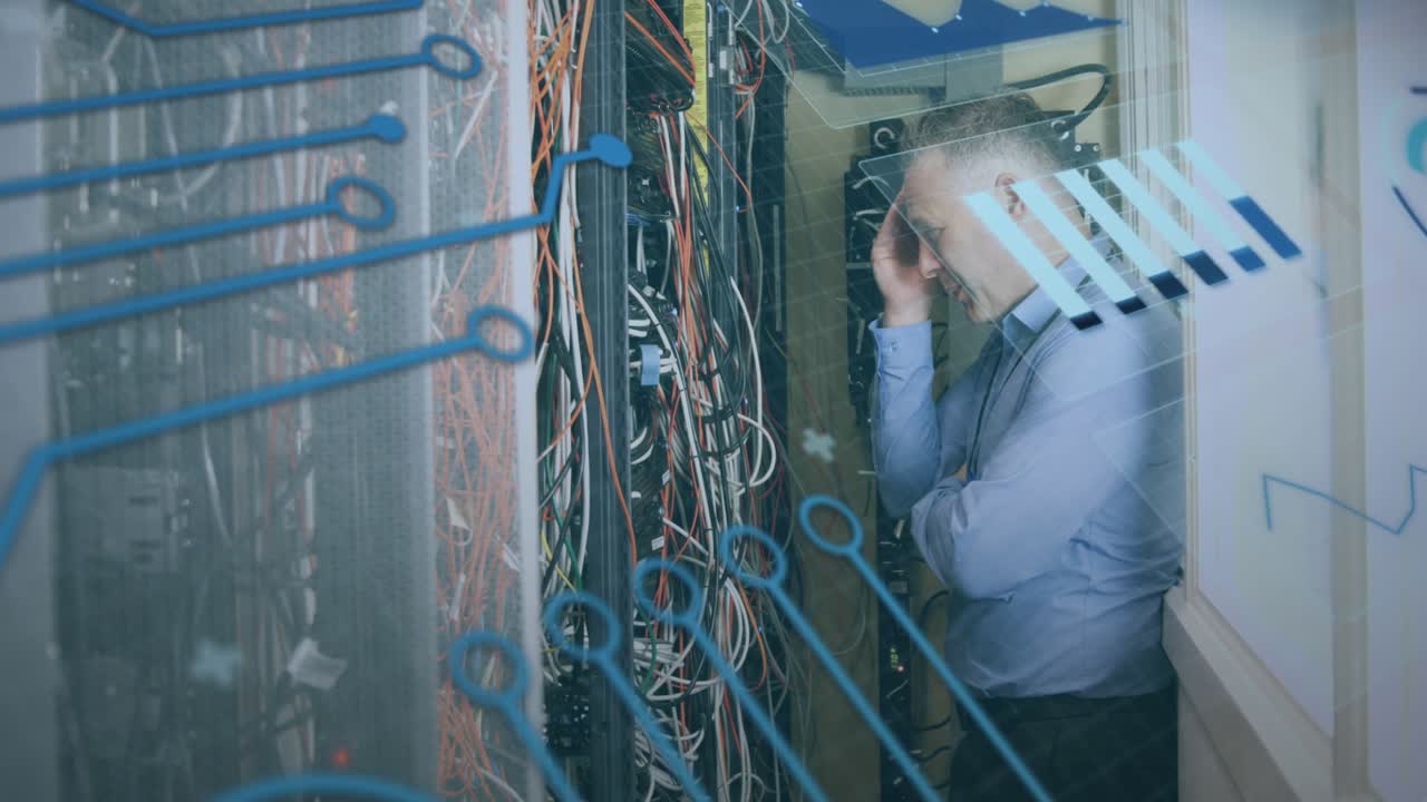 Animation of scope scanning and data processing over caucasian it man computer server