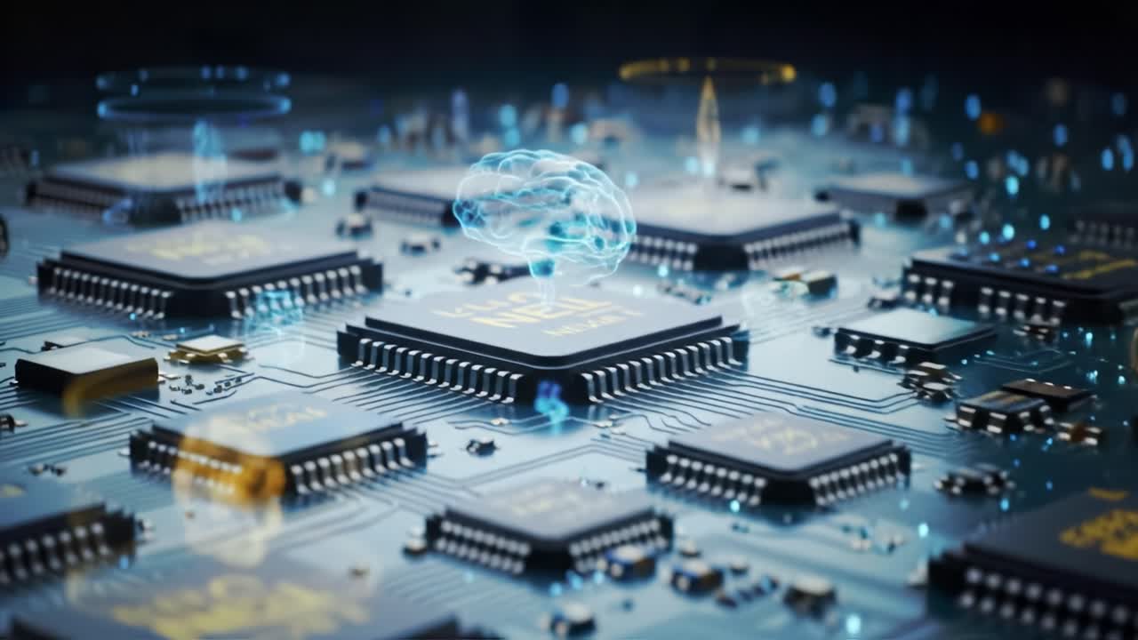 A captivating visual of a futuristic microchip landscape showcasing interconnected processors and a glowing representation of artificial intelligence, symbolizing advanced technology and innovation.
