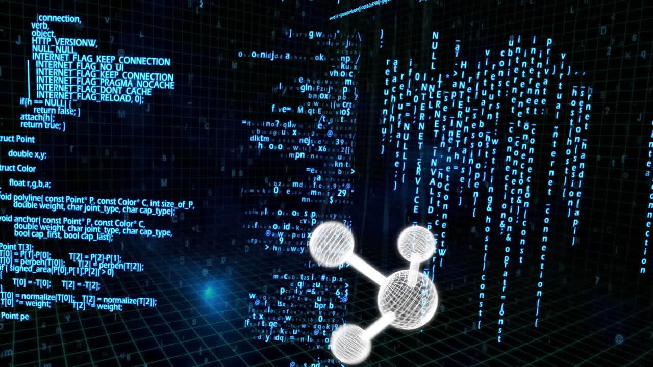 Animation of molecules over data processing on black background