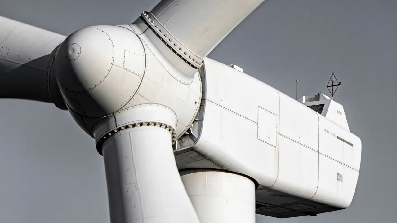 Bilah energi angin berputar saat kamera menggeser, memperlihatkan baut hub dan panel nacelle untuk inspeksi