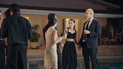 elegant night party by a pool with people socializing