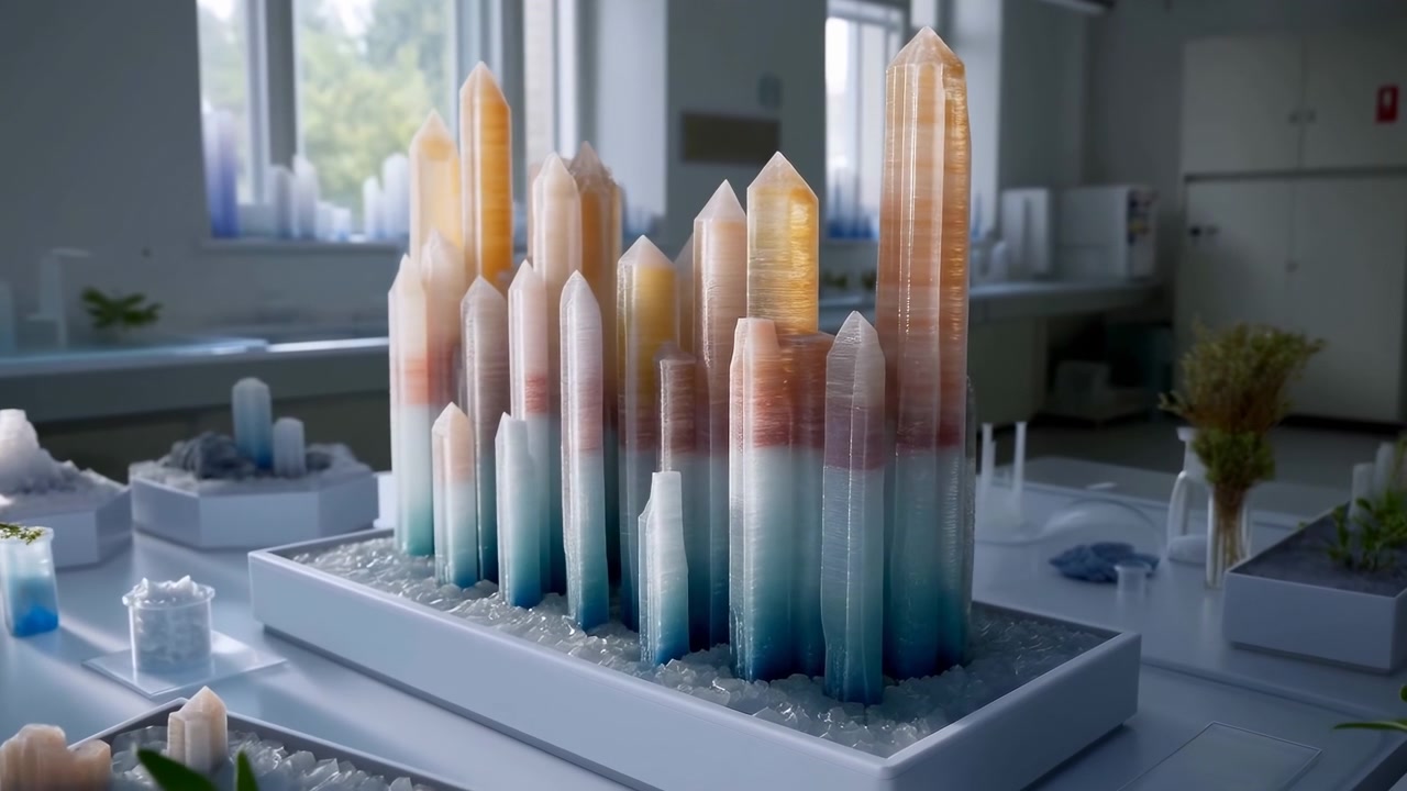 Un piccolo modello di skyline di città futuristica poggia su una base espositiva bianca in una luminosa stanza contemporanea, con luce diurna soffusa, arredi sfocati e un pulito.