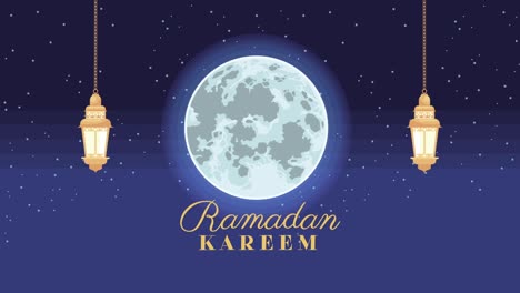 ramadan kareem lettering with lanterns and fullmoon