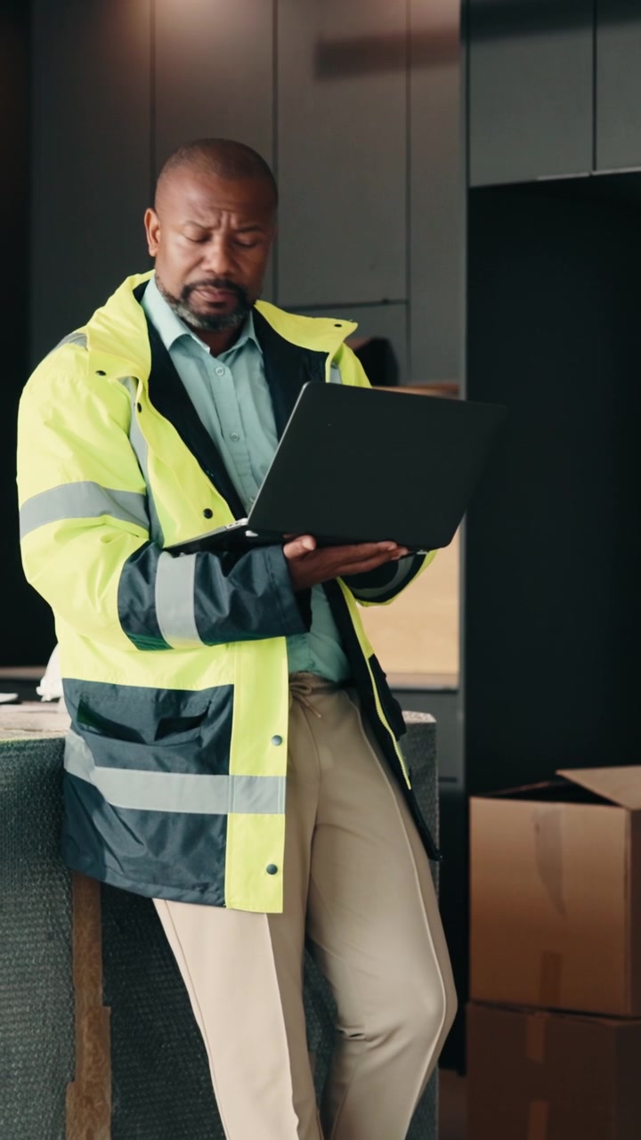 Construction Manager Reviewing Project Plans on Laptop at Building Site