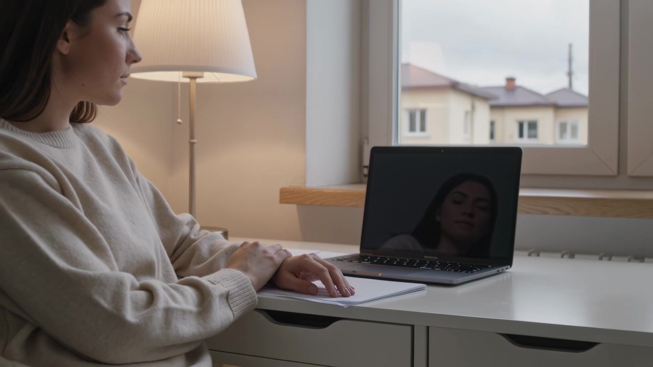 Seeing laptop reflection woman in sweater readying work at desk glancing out with notes, copy space