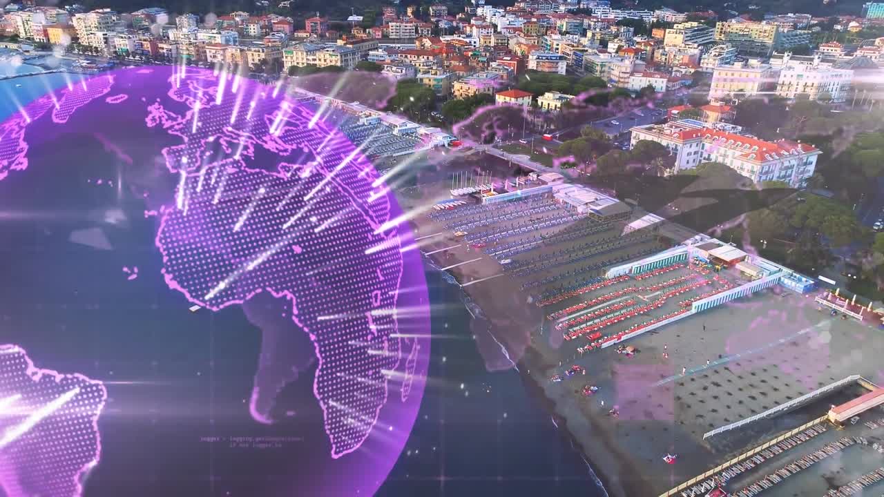 도시 풍경 위에서 회전하는 지구의 애니메이션