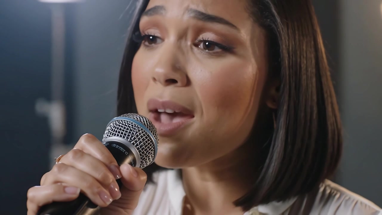 Adjusting microphone singer in light blouse singing in studio for recording with lights