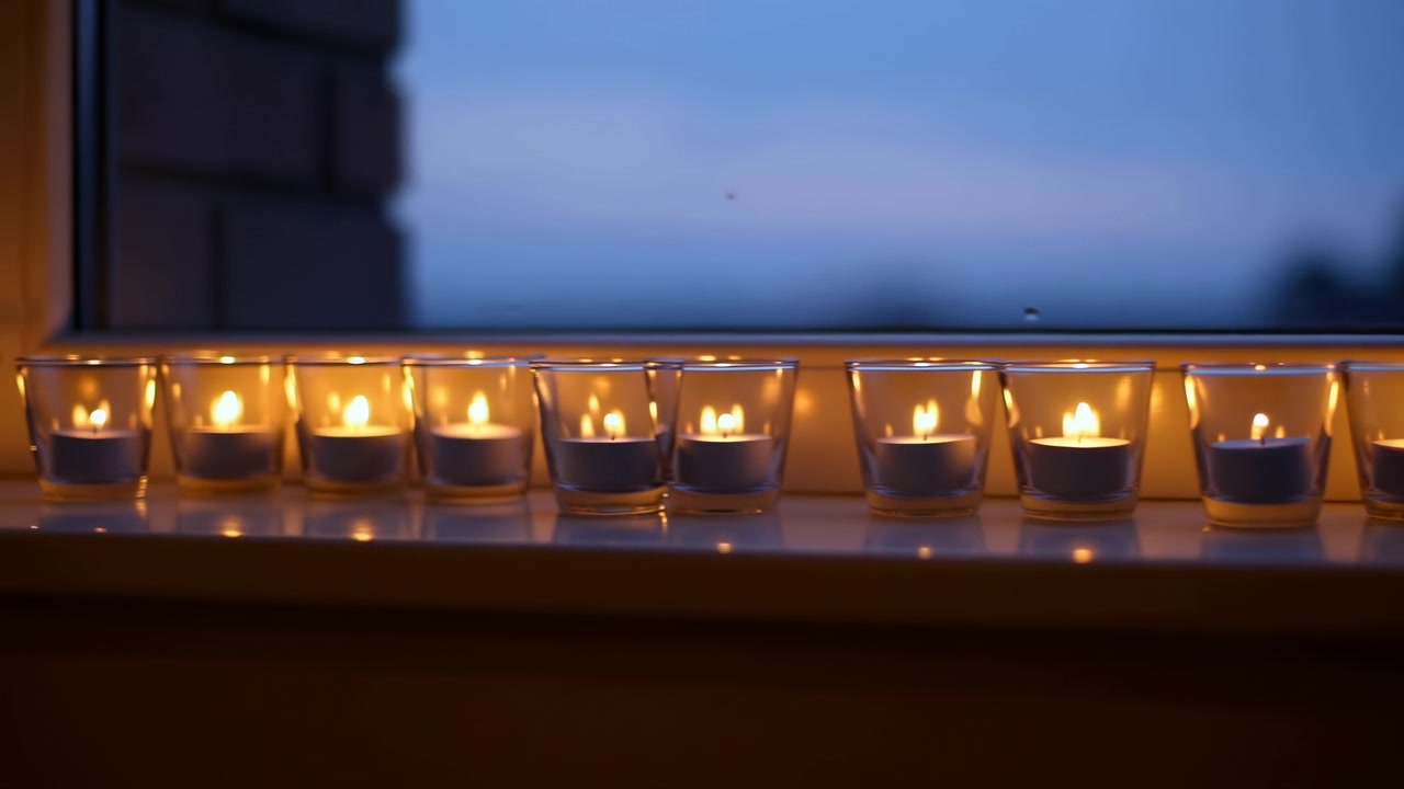 Candele tealight accese in portacandele di vetro trasparente allineano un davanzale riflettente, con un caldo bagliore ambrato che contrasta il freddo crepuscolo blu oltre e aggiunge un'atmosfera decorativa serena all'ambiente interno.