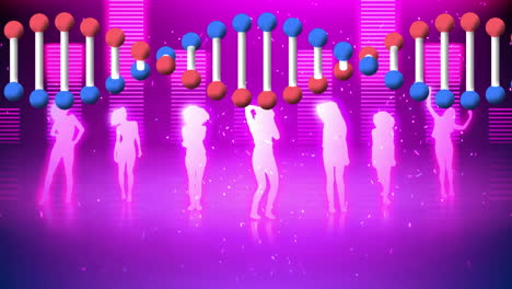 animación de cadena de adn girando sobre personas bailando y música ecualizador gráfico