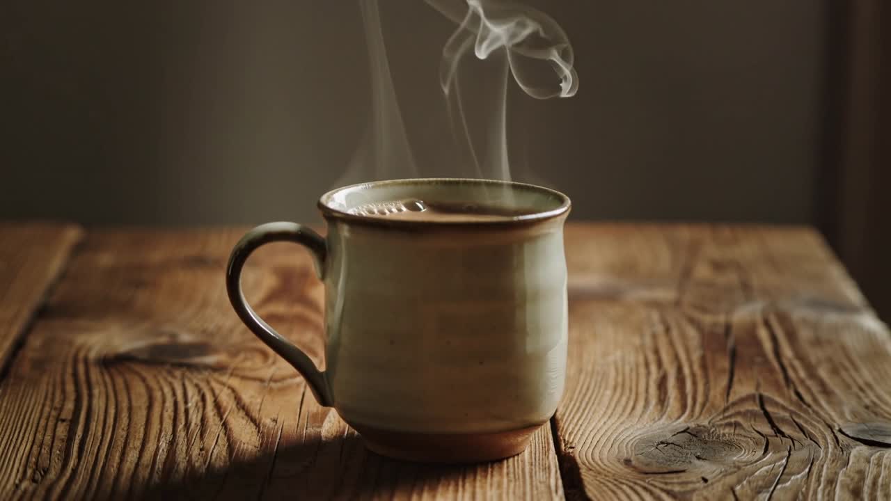 Releasing steam rising above ceramic mug on wooden table, with vapor patterns fading