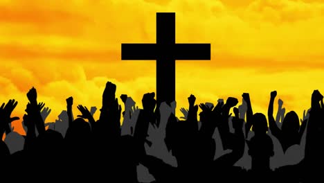 animation of christian cross over yellow clouds and over people silhouettes