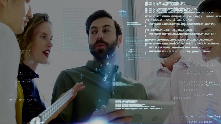 Animation of digital screen with diverse data over diverse female and male coworkers in office