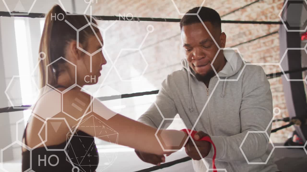 Animation of data processing over diverse man and woman exercising in boxing gym