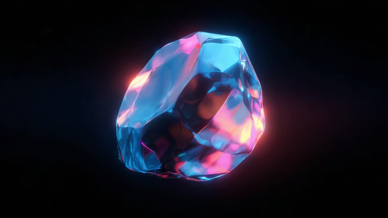 Mesmerizing blue pink gemstone rotates on black background, iridescent facets reflecting neon light to create a mysterious, futuristic, glowing crystal effect for digital art