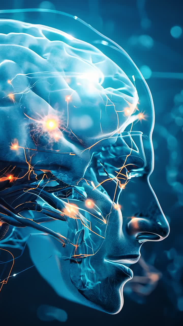 Neural Connections Within a Human Brain With Blue and Orange Light Effects. A digital representation of a brain showcasing neural connections illuminated by vibrant blue and orange lights.