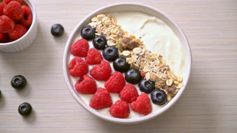 homemade yogurt bowl with raspberry, blueberry and granola - healthy food style