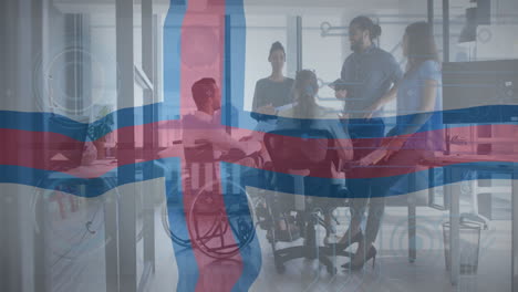 animation of graphs and faroe islands flag over multiracial colleagues discussing ideas in meeting