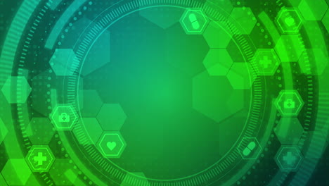 set of medical icons in hexagons on a green abstract background with a circular hud element. health care. looped animation.