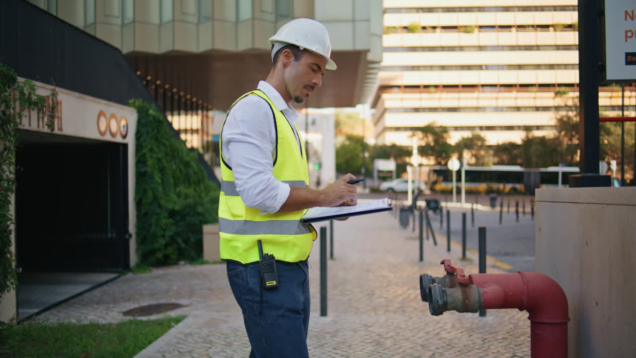Building surveyor writing notes in folder working outdoors. Man checking pipe