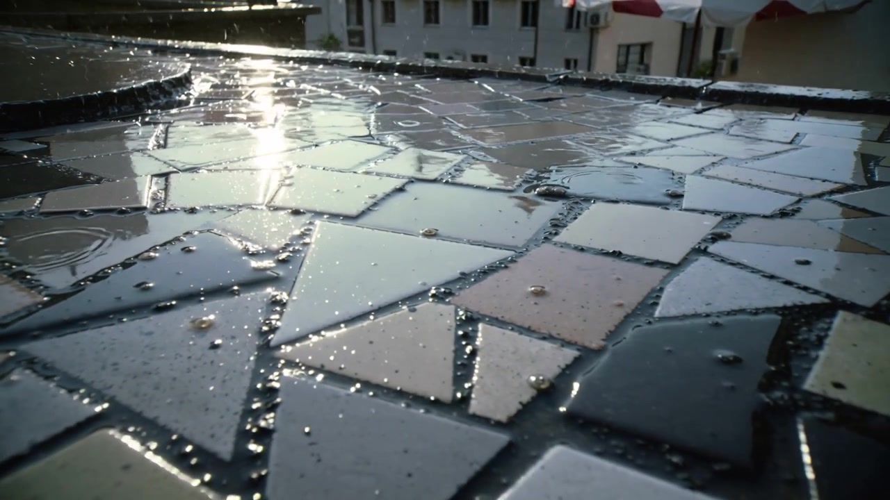 Piastrelle a mosaico riflettenti che catturano la luce solare mutevole su un balcone dopo la pioggia, mostrando pozzanghere e bucato steso
