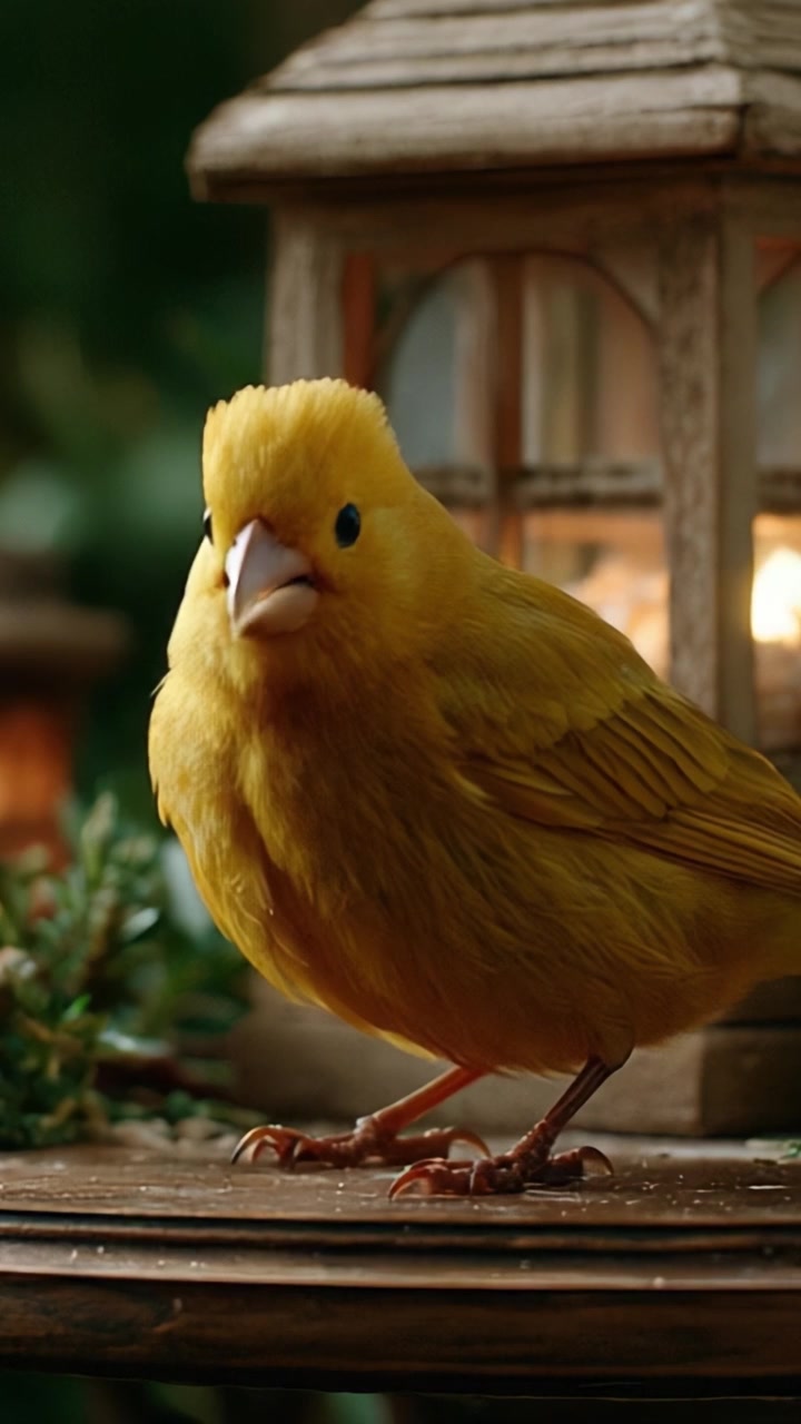 Canarini Affascinanti: Uno studio ravvicinato di un vivace uccello giallo in luce naturale con uno sfondo di lanterna estetica.