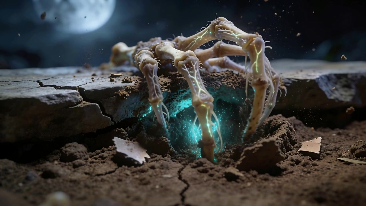 Glowing cyan energy appearing beneath cracked slab, skeletal hand pushing up through soil at night