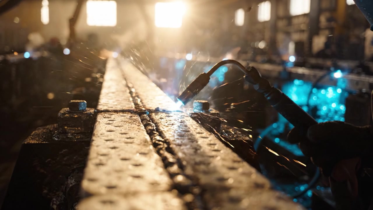 Dynamic Welding Action Captured in Craftsmanship Under Industrial Lights with Sparks and Glowing Metal Beautifying the Workshop Environment