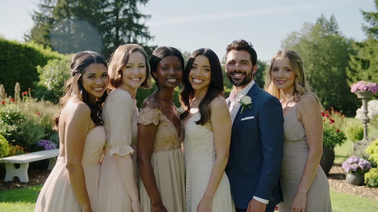 La telecamera si avvicina, il gruppo del matrimonio si stringe sul prato, chinandosi per mostrare l'abito e la spilla per il ritratto.