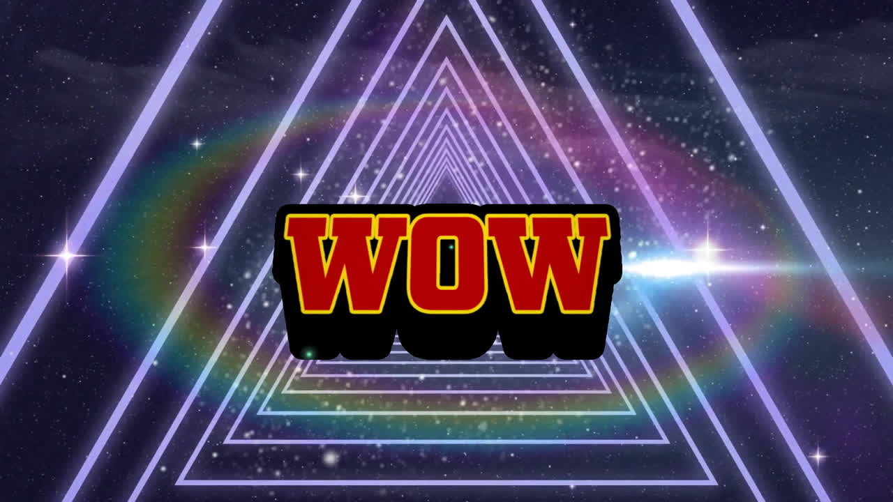 야간 하늘에서 동심 네온 삼각형 위의 와우 텍스트와 폭발의 애니메이션