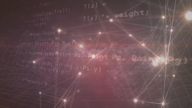 Animation of network of connections with data processing over mountains