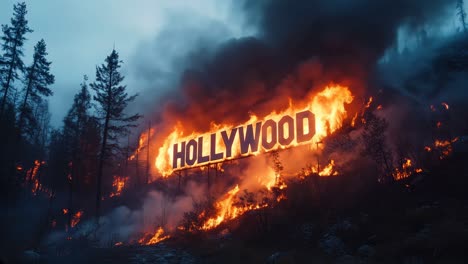 el signo de hollywood en llamas simboliza la destrucción y el cambio significativo en nuestro mundo.