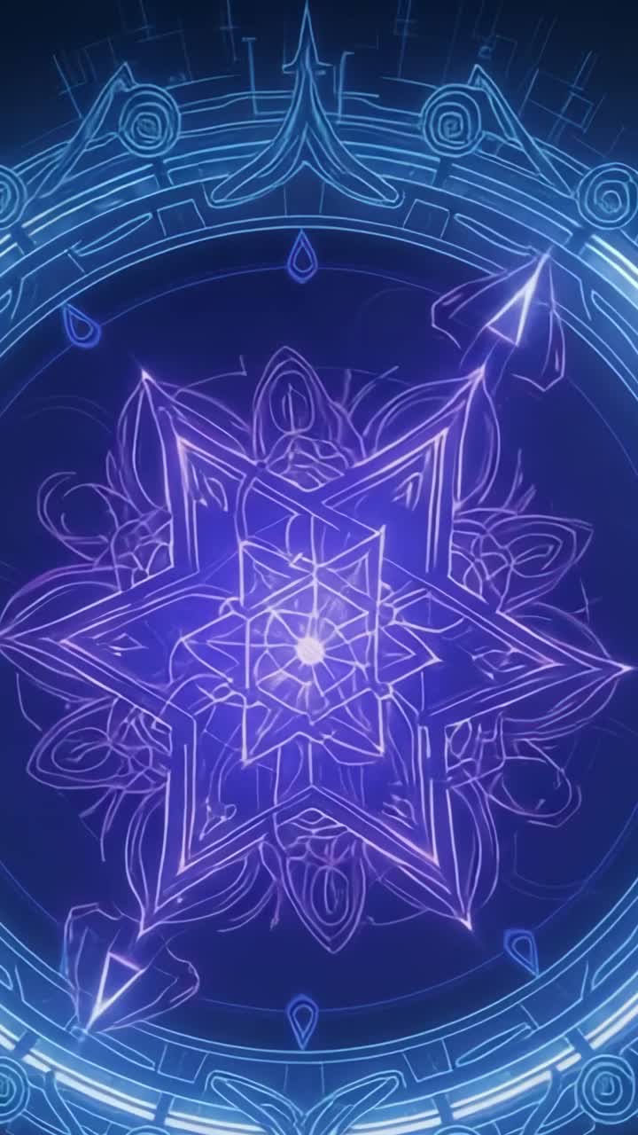 Vertical video: Appearing neon arrowhead sliding on circuit ring, syncing neon polygram star pulses