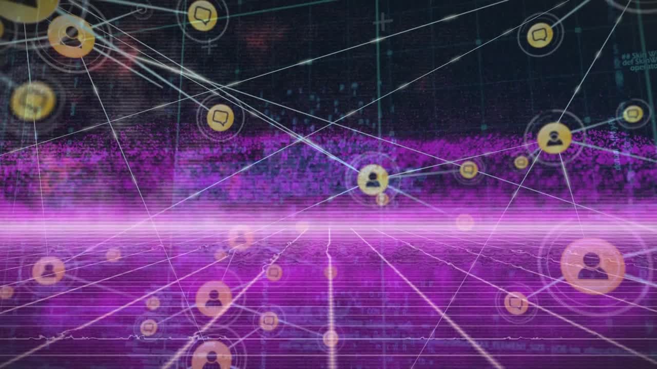 Animation of icons connected with lines , programming language over abstract pattern and lens flare