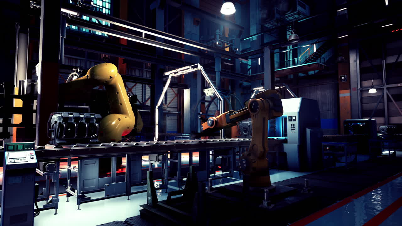 robots industriales en una línea de ensamblaje en una fábrica