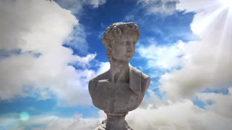 animation of gray sculpture of man over blue sky and clouds